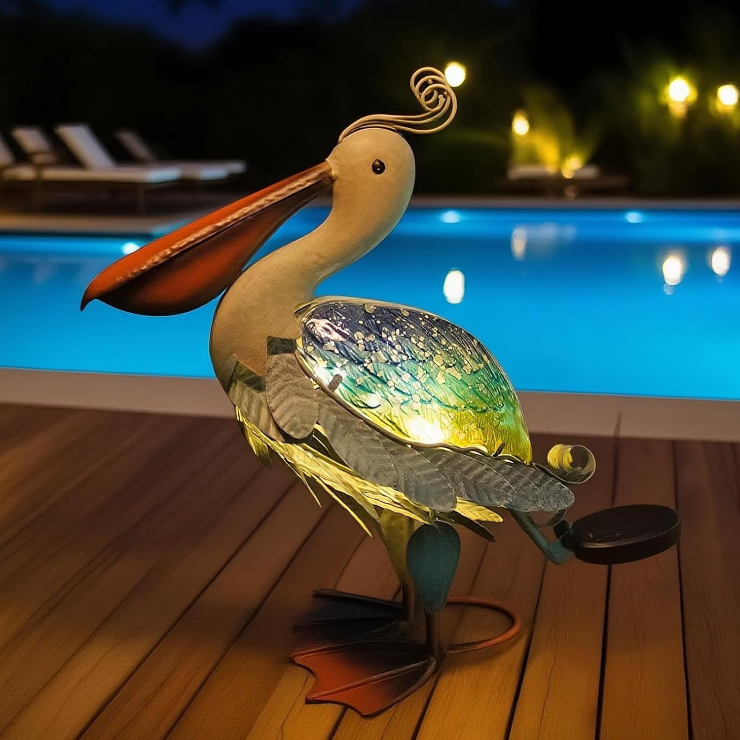 Solar Metal Pelican Statues Garden Sculpture & Statues, 17 Inch Glass Outdoor Pelican Yard Art Coastal Ocean Bird Decor Lawn Ornament for Backyard Porch Patio Decor（Blue-Green）