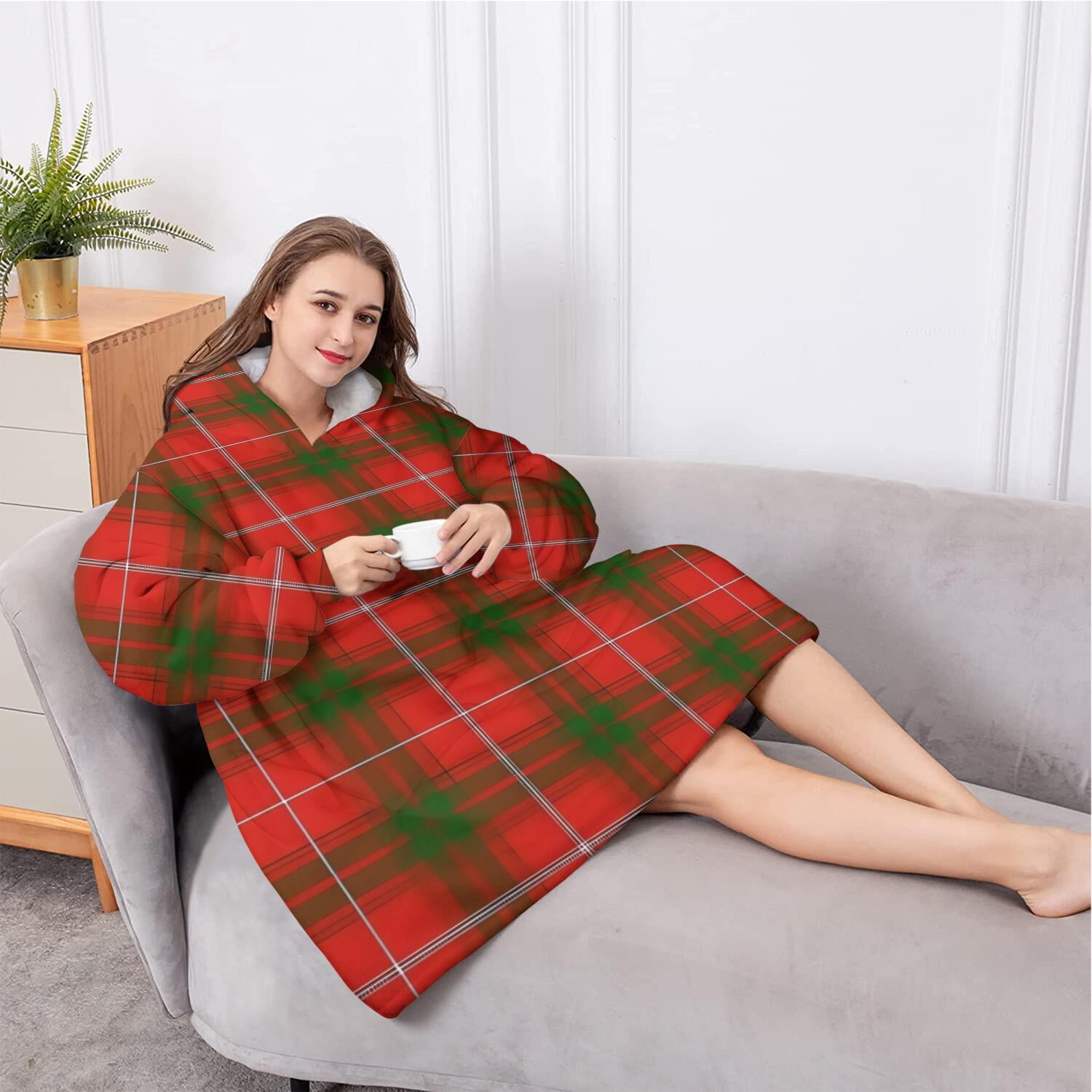 Oversized Wearable Blanket Hoodie,Red Green Checkerboard Checkered Pattern Sherpa Blanket Hoodie with Super Pockets,Super Warm Fuzzy Pullover for Women & Men