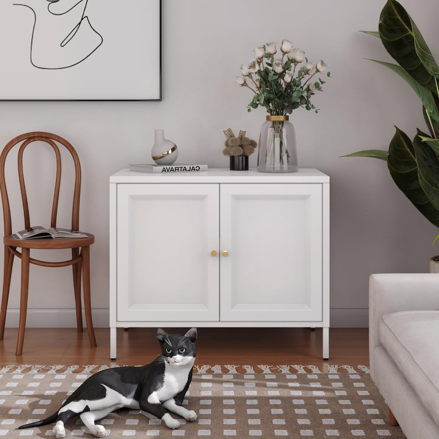 Metal Cat Litter Box Furniture with Barn Door, Fits Most Litter Boxes, White, Assembly Required