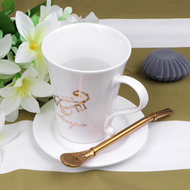 Kit de barra de filtro de cuchara con ventosa reutilizable para café con pajita de acero inoxidable (dorado)