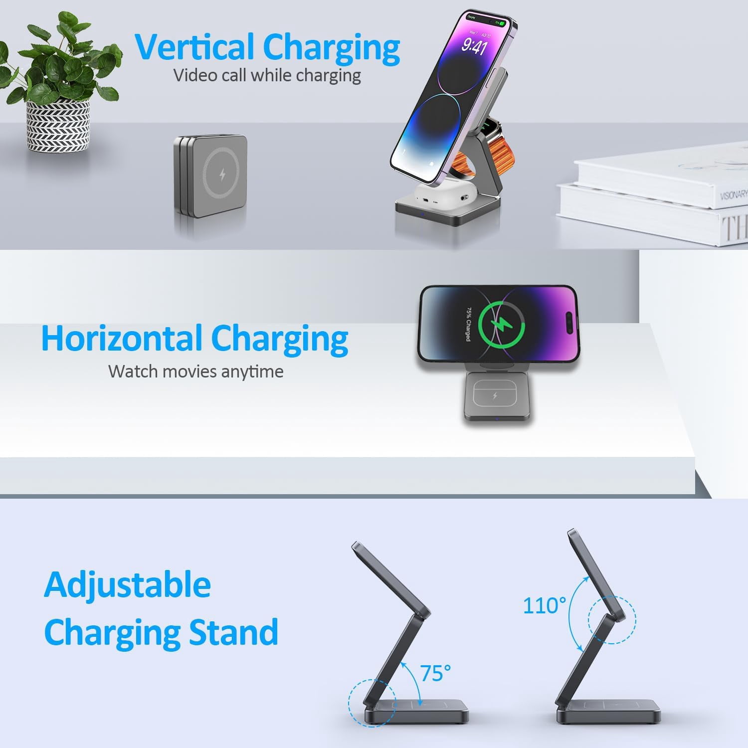 YXELECT 3 in 1 Magnetic Wireless Charger Compatible for iOS Phones/Earbus/Watches,Charging Station for All Smartphones,Smartwatches & Earbuds,Portable Travel for Multiple Devices
