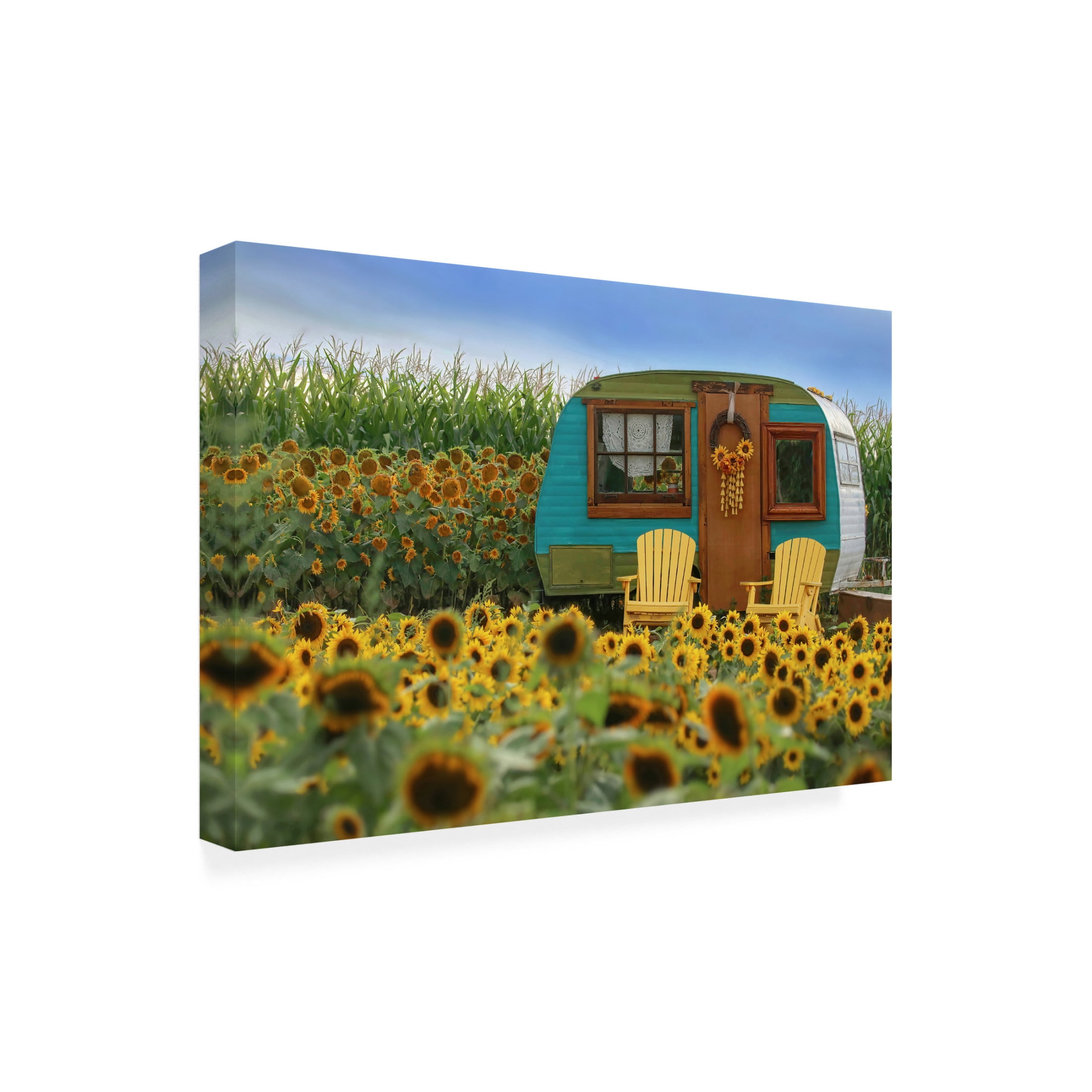 Canvas Wall Art - Carrie Ann Grippo-Pike 'Vintage Camper and Sunflowers 2' Wall Art for Living Room, Bedroom, or Office Décor by Trademark Fine Art - 32 x 22 Inches