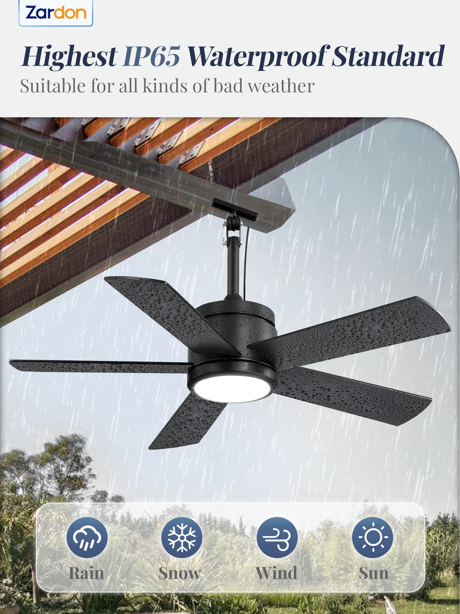 Zardon 42" Outdoor Ceiling Fan with Light & Remote, Waterproof Plug-in Ceiling fan with 6 Speeds, DC Motor, Downrod Mount for Patio, Gazebo, Pergola, Porch- Black