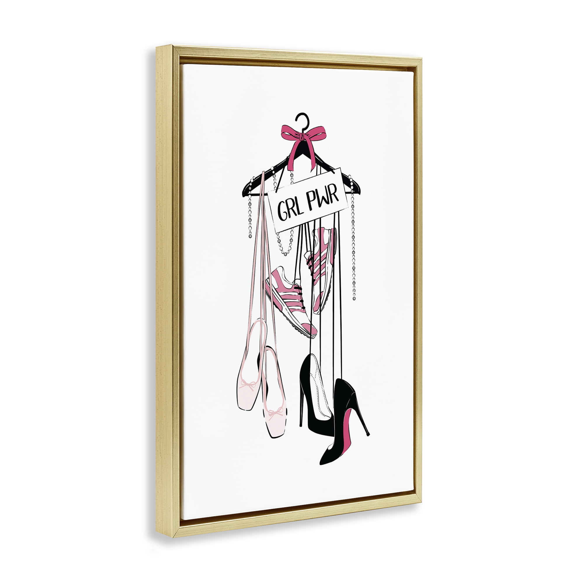 Stupell Industries Grl Pwr Hanging Shoes Beauty & Fashion Painting Gold Floater Framed Art Print Wall Art, 21 x 31