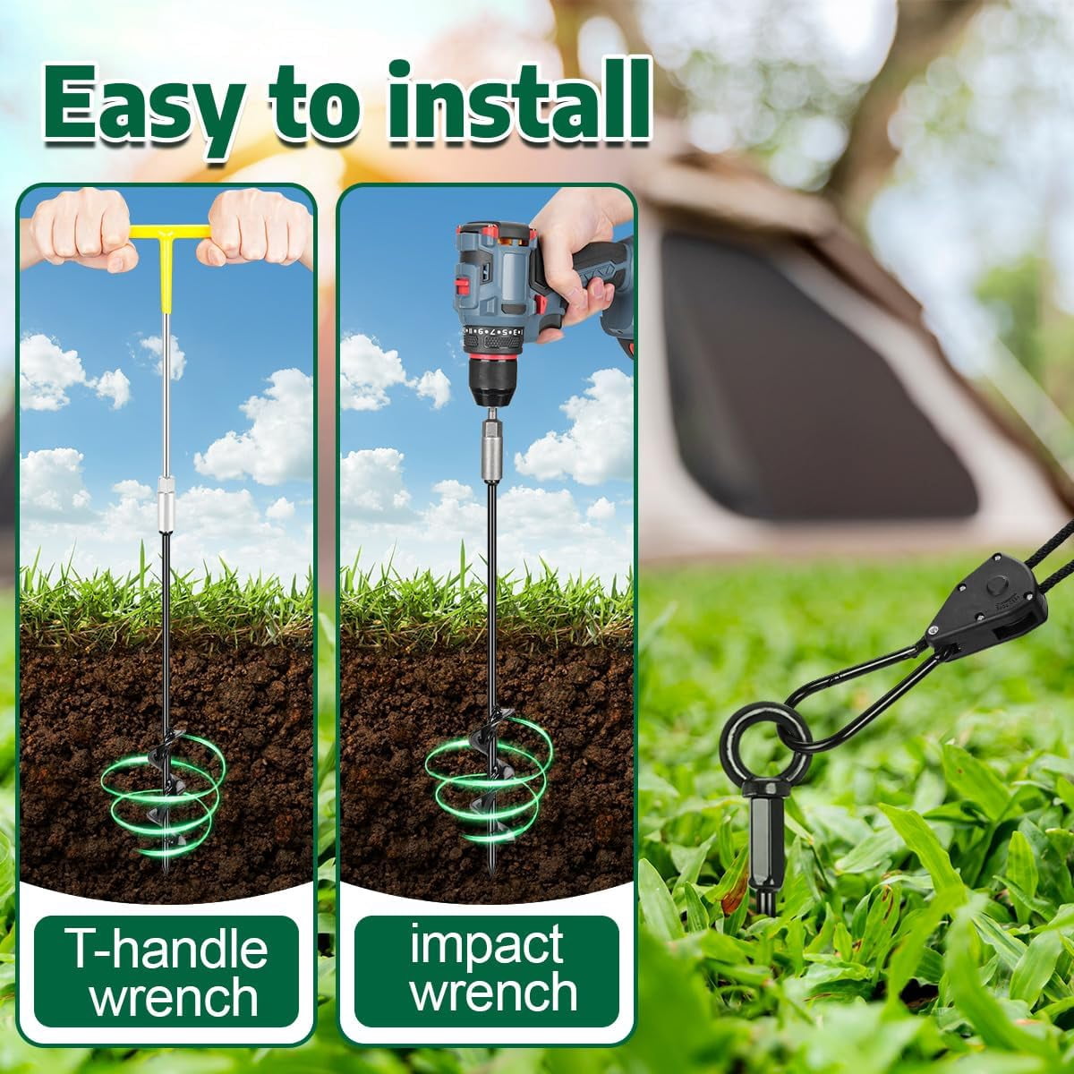 Tent Stakes Anchors 16-in 8 Pack, RV Awning Tie Down Kit for Wind-Proof with Retractable Ratchet Straps, Camping Stakes Heavy Duty for Tents, Beach Umbrellas, Canopies, Carport, Campers
