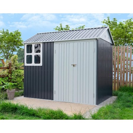 Jocisland 8x6x7.5 FT Shed 4-pane Window Nordic Cottage Storage Shed Outdoor Metal Garden House Double Hinged Lockable Doors for Backyard Garden Patio Lawn Dark White/Grey