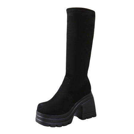 

Ladies Fashion Solid Suede Long Sleeve Knee Length Side Zipper Thick High Heel Boots