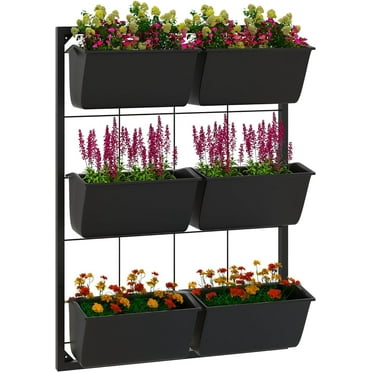 3-Tier Wall Planter with 6 Pots for Indoor and Outdoor Use, Hanging Plant Holder, Self Draining Wall Mounted Planter for Vegetables, Flowers, Herbs, Black