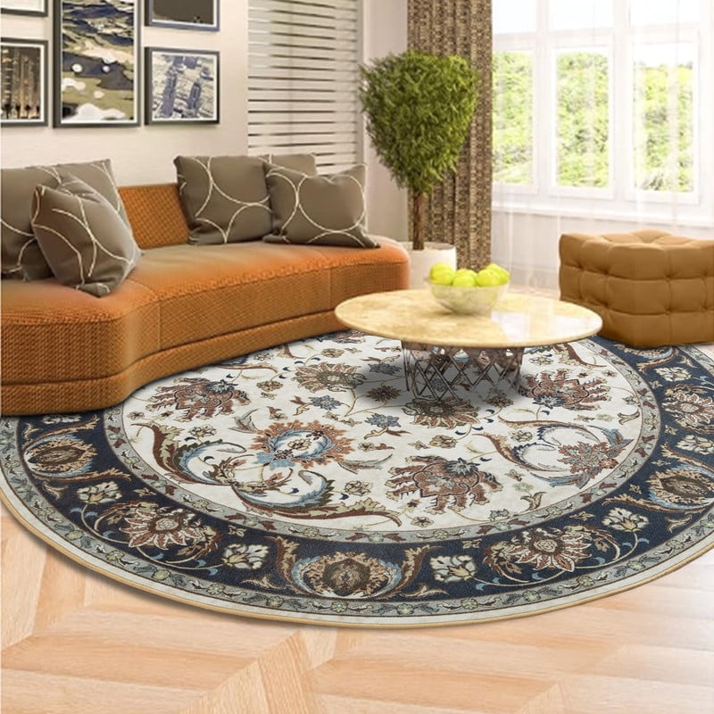 Jamfeel Round Rugs Vintage Print Low Pile Non-slip Circle Carpet Indoor Area Rug for Living Room Nursery, 6ft, Cyan
