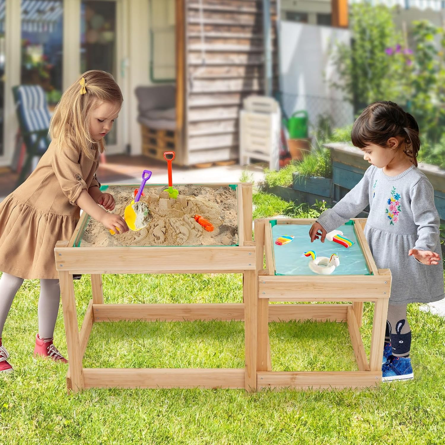 GLACER Sand Table, Space-Saving Toddler Activity Table with Built-in Liner, Protective Cover, Water and Sandbox Table for 3+ Years Old Boys and Girls, 2 Pcs Sensory Table for Garden, , Backyard