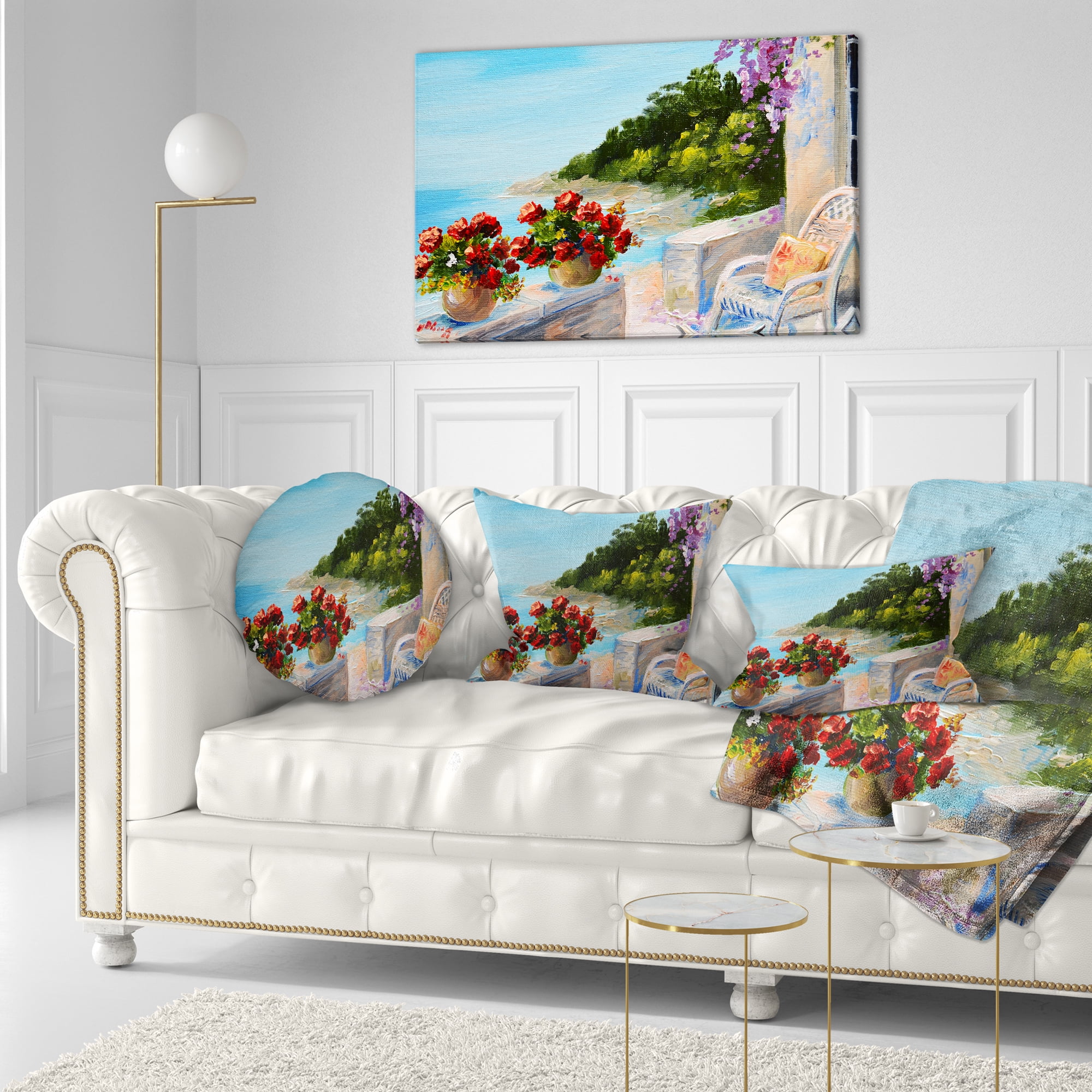 Designart Balcony Near the Sea - Landscape Painting Throw Pillow - 12x20