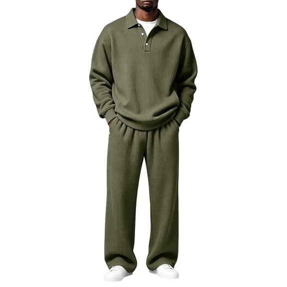 TOMVIGX Men's Tracksuits 2 Piece Set Waffle Knit Long Sleeve Polo Shirts & Drawstring Wide Leg Sweatpants Casual Athletic Sweatsuit Outfits