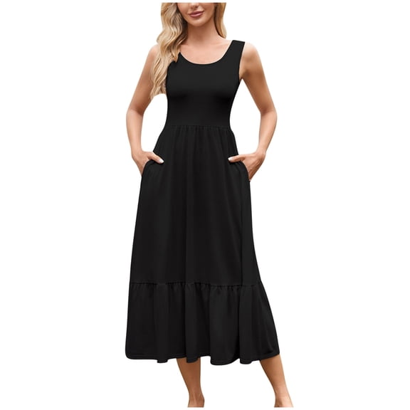 Summer Plus Size Dresses for Women 2026 Fashion Casual Round-Neck Solid Sleeveless Mid Calf Dress