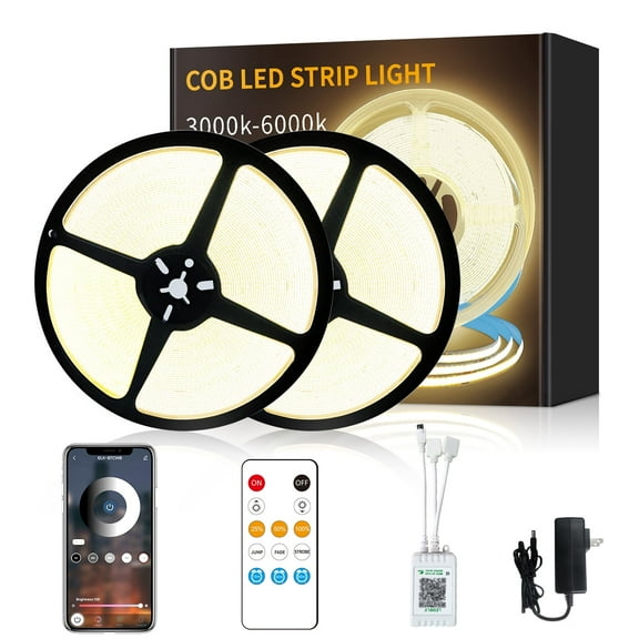 100FT COB LED Strip Lights Warm White Dimmable DC 24V 3000K Flexible LED Tape Light for Bedroom, with Remote and app Control LED Tape Lights,for DIY Home Decoration