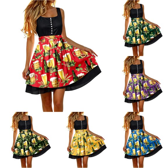 Unir Women Oktoberfest Hop Print High Waist Bow Tie Apron Skirt Flared Satin Festival Mini Bottom 1PC S-M-L