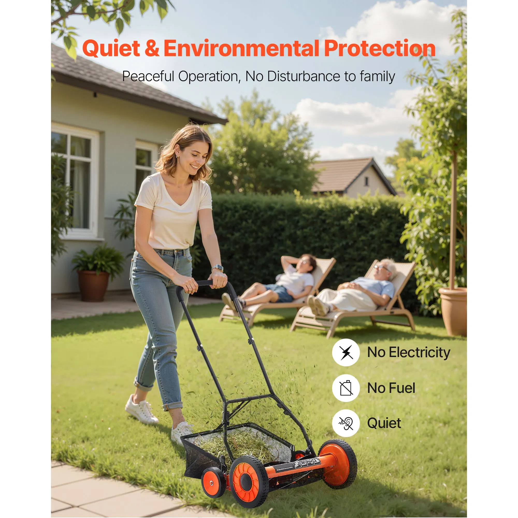 18-Inch 5-Blade Manual Push Reel Lawn Mower with Grass Catcher, Adjustable Cutting Height Walk-Behind Mower