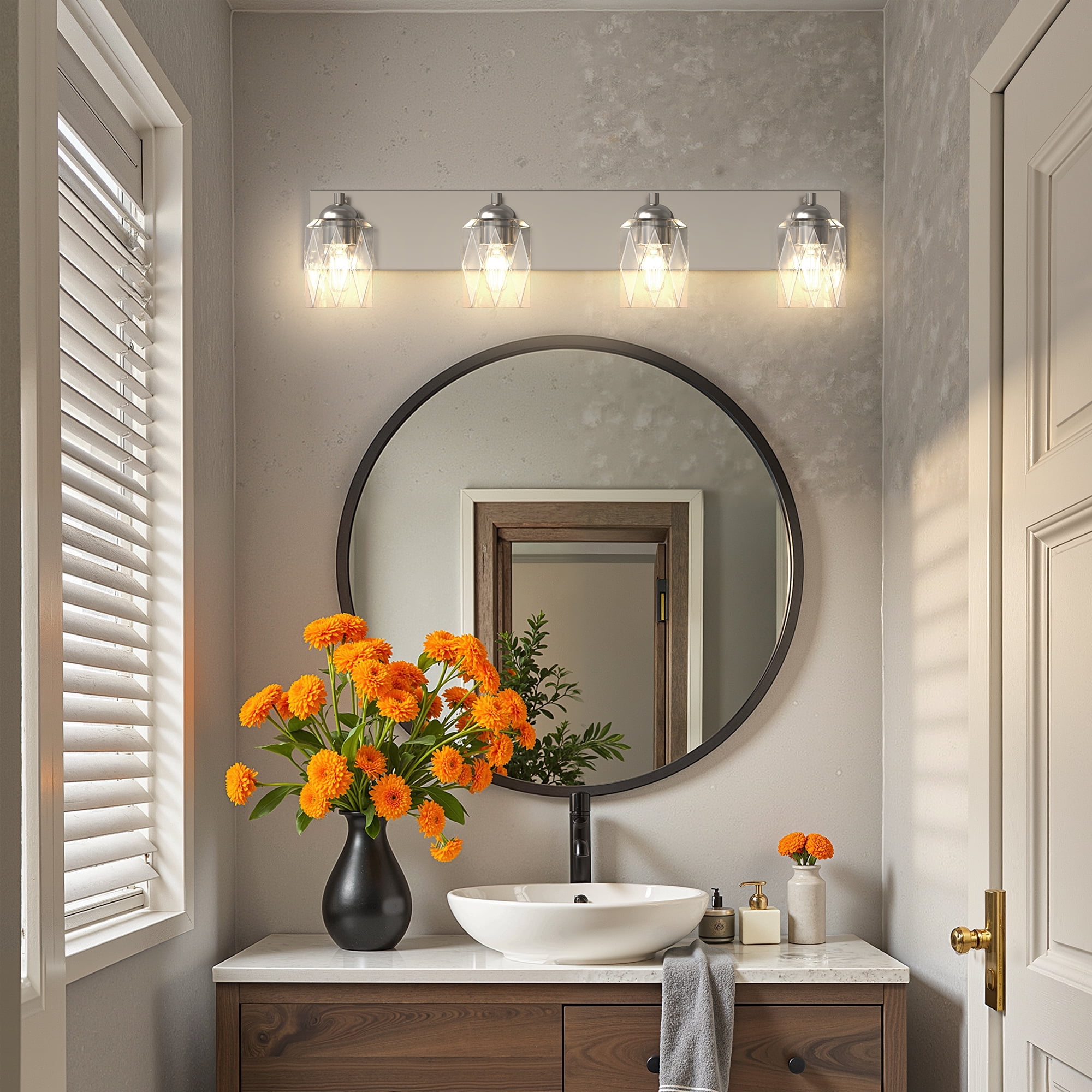 YANSUN 27.2 in 4-Light Nickel Modern Vanity Light, Unique Cylinder Glass Shade Bathroom Mirror Wall Fixture, Vanity Lights for Hallway Living Room Bedroom