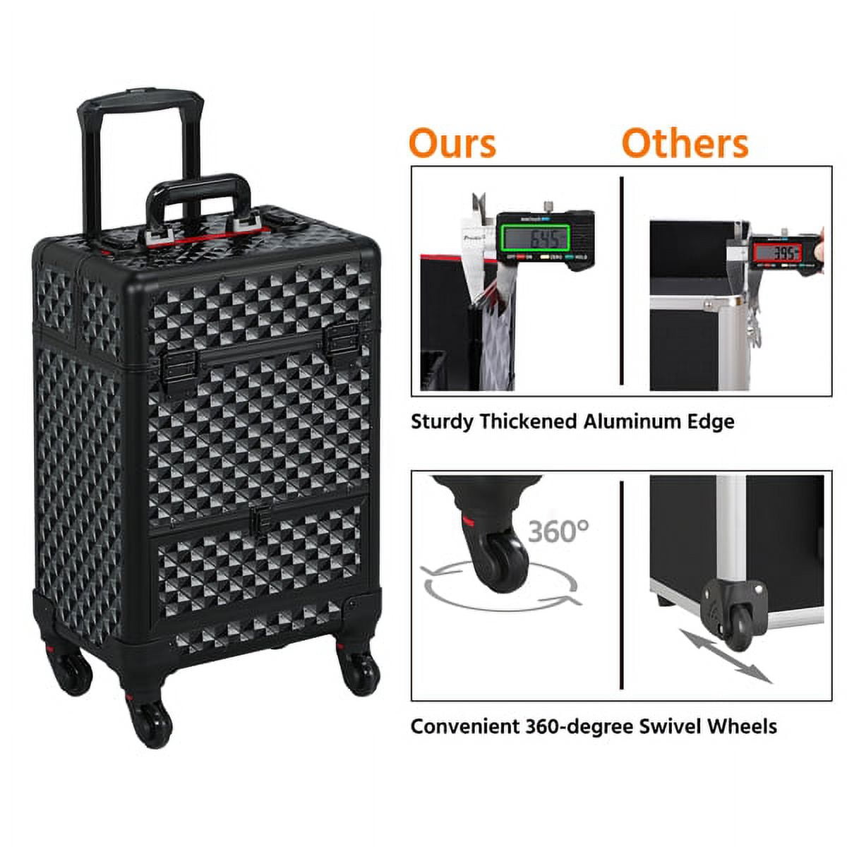 Professional Aluminum Cosmetic Train Case Universal Wheels with Brush Bag Black