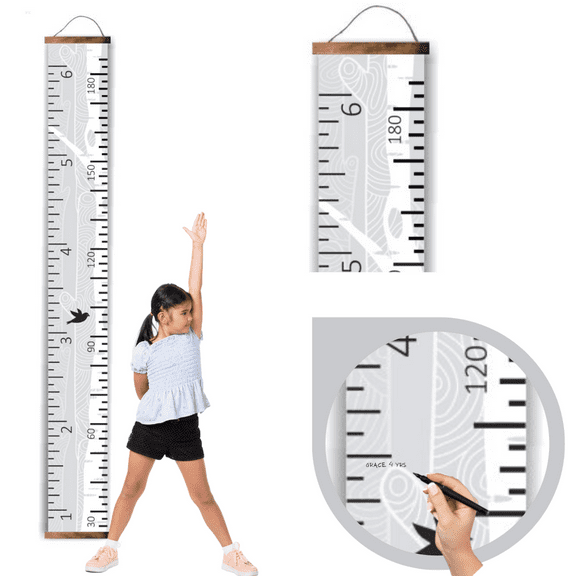 Birch Tree Birds Canvas Growth Chart for Kids Wall Ruler Growth Chart Wood Frame Fabric Sign Removable Height Measure Chart for Boys Girls Growth Ruler, Walnut Wood