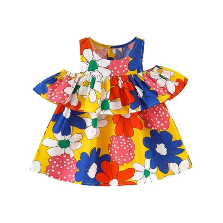 

Odeerbi Girls Dress Baby Girls Clothes Summer Toddler Floral Print Cotton Dress Ruffled Drop Shoulder Dress Yellow