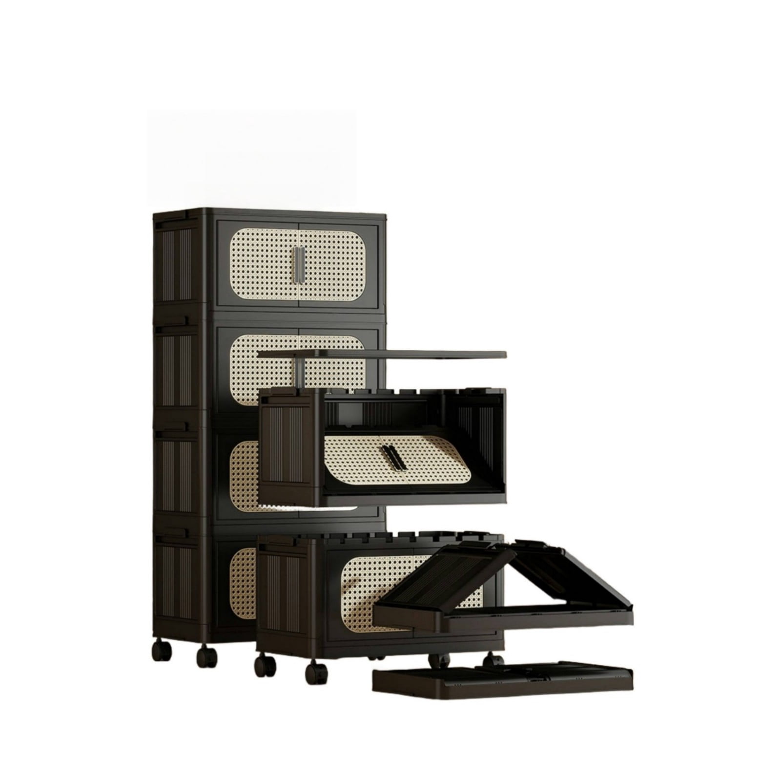 Retro Folding Storage Cabinet with Wheels, 4-Tier Collapsible Plastic Storage Organizer with Magnetic Door, Portable Side Storage Cabinet for Living Room, Bedroom, Kitchen, Black