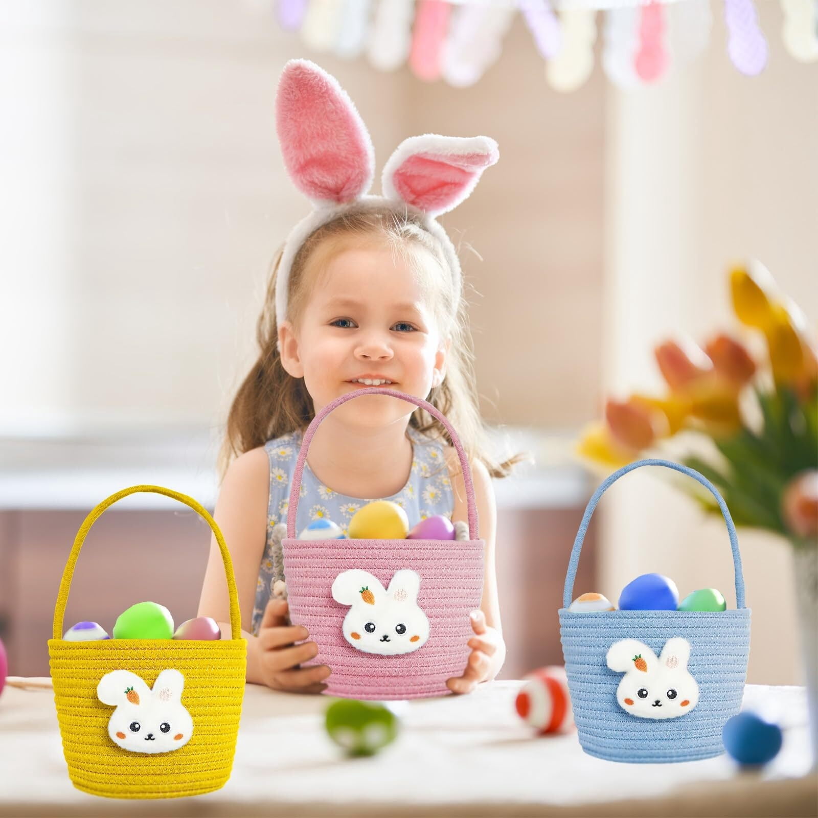 Poschnor Easter Basket for Kids, Easter Bunny Basket with Gift Bags and Ribbons, Woven Cotton Rope Egg Easter Baskets for Girls, Boys, Toddler, Babies, Blue