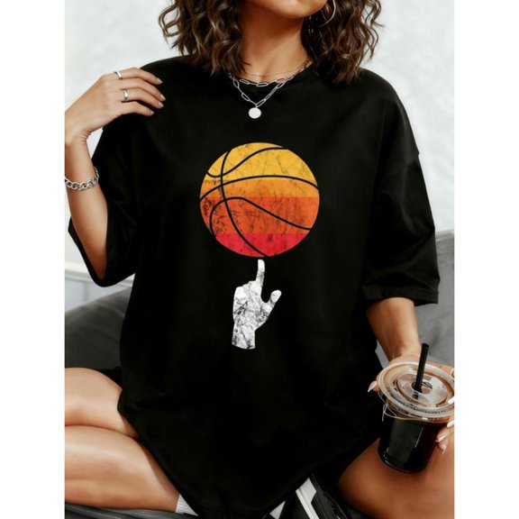 Women's Vintage Graphic T-Shirt,Basketball Hand Gesture Sunset Design,Casual Tee Tops for Everyday Wear,Fashion,cotton,black,S-5XL