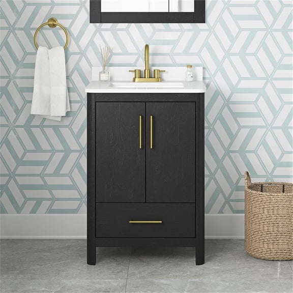Pemberly Row 24" Bathroom Vanity in Black with Engineered Marble Countertop