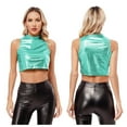 thumbnail image 3 of Yeahdor Womens Shiny Metallic Faux Leather Crop Top Sleeveless Club Dance Tank Top Vest Lake Blue-A 16, 3 of 4