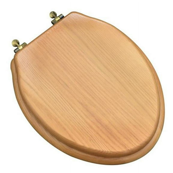 Plumbing Technologies 5F1E2-17AB Designer Solid Elongated Oak Wood Toilet Seat with Antique Brass Hinges, Natural Red Oak
