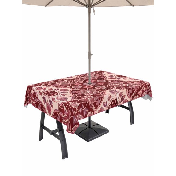 Outdoor Tablecloth with Umbrella Hole, Red Boho Spillproof Waterproof Outdoor Table Cover, Ethnic Tribal Abstract Traditional Floral Patio Tablecloths for Party Picnic Camping, Rectangle 52"x70"