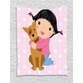 thumbnail image 1 of Kids Girls Tapestry, Cute Little Girl and Dog Hugging and Smiling Doodle Print with Hearts Backdrop, Wall Hanging for Bedroom Living Room Dorm Decor, 60W X 80L Inches, Multicolor, by Ambesonne, 1 of 2