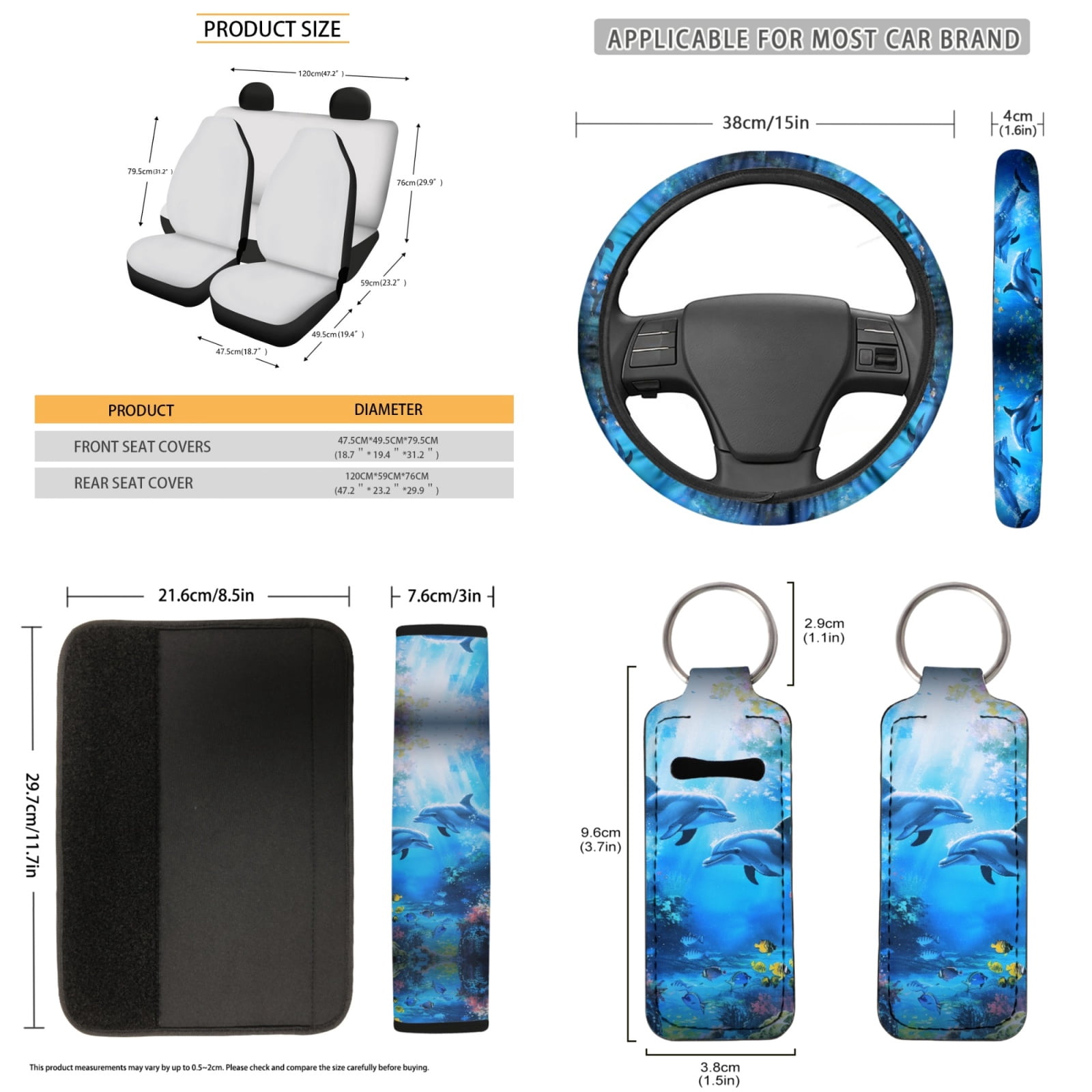 Jeiento Dolphin Car Interior Accessories Full Set Car Seat Covers Steering Wheel Covers Seat Belt Covers Trash Can Coasters Auto Rear View Mirror Covers Keychains Lipstick Covers 13pcs Blue Ocean