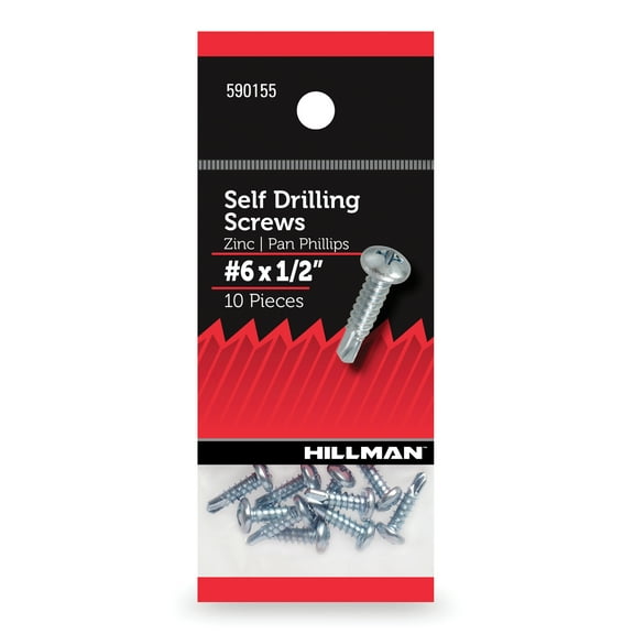 Hillman Self Drilling Screws #6 x 1/2", Steel, Zinc, Interior, Phillips, Silver, 10 pack
