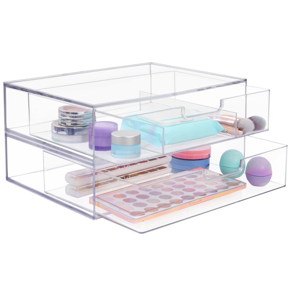 STORi Sofia Tiroirs de Rangement Empilables Transparents Ouverts et Divisés, 2 Bacs en Plastique pour Palettes de Maquillage, Cosmétiques et Fournitures de Beauté
