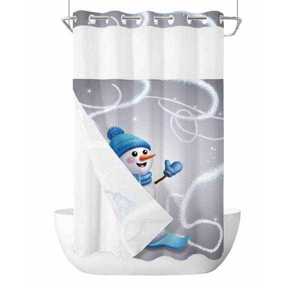 No Hook Shower Curtain with Snap in Liner,Winter Cartoon Snowman Waterproof Bath Curtain Double Layers with See Through Top Window, Gray and Blue Hotel Shower Curtains 36x72in