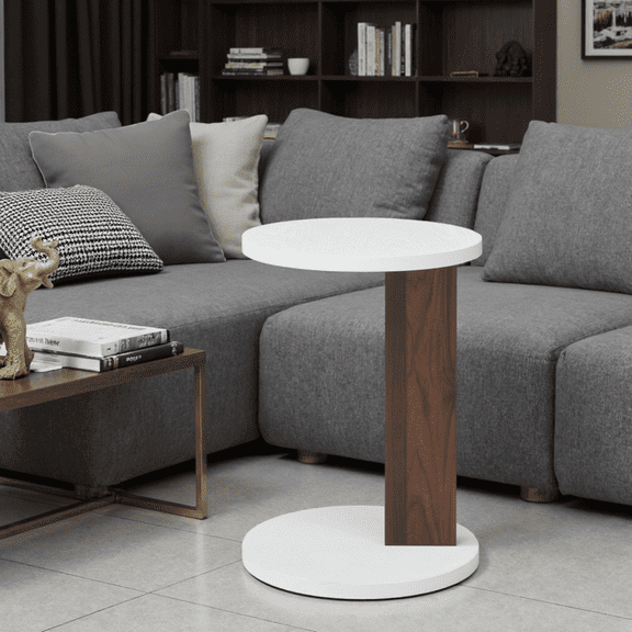 C-Shaped End Table, Small Side Table for Couch, Sofa Table with Wood Frame, White and Walnut