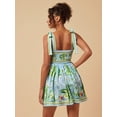 thumbnail image 2 of Green Floral Print Square Neck Tie-Shoulder Ruched Mini Dress For Women, 2 of 8