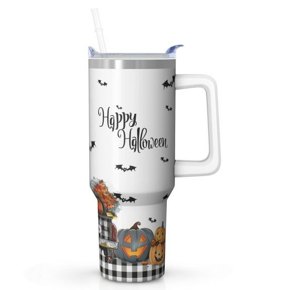 Halloween Travel Mug 40oz, Stainless Steel Insulated Tumbler with Handle and Straw, Ghost, Pumpkin, and Bat Design, Reusable Coffee Cup for All Ages