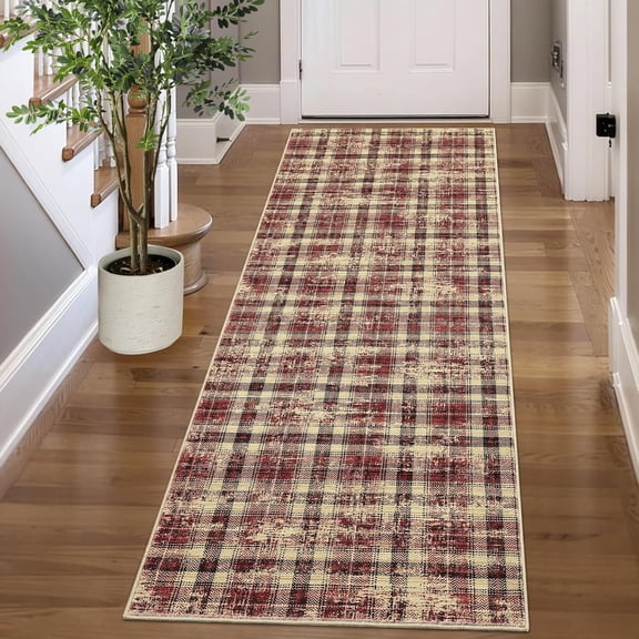2x8 Runner Rug Washable Non Slip Tartan Plaid Kitchen Entryway Farmhouse Rug - Stain Resistant Soft Carpet