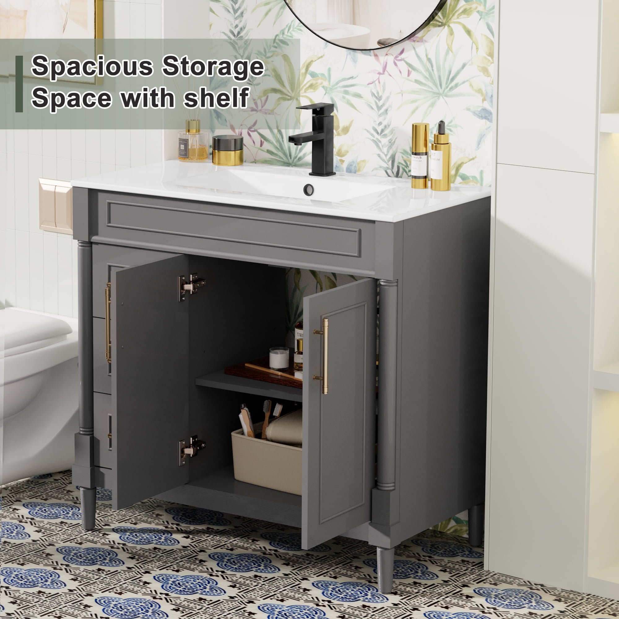 36" Freestanding Bathroom Vanity with Ceramic Sink Top, Faucet, Classic Tapered legs