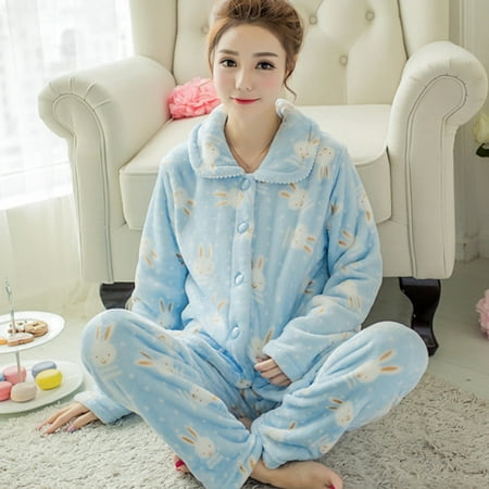 

Women s Flannel Pajamas Set Casual Long Sleeve Fleece Cardigan Warming Sleepwear for Autumn Winter