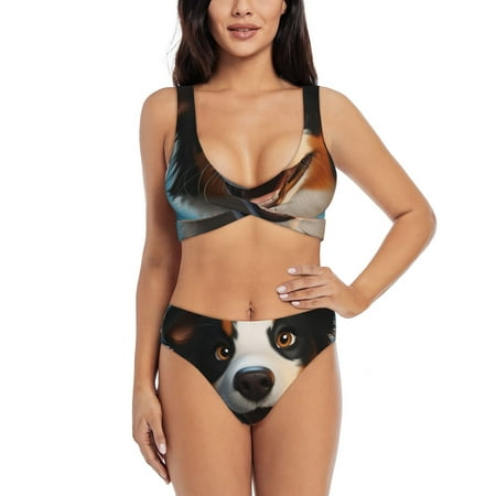 Zeuib Playful Smile Cute Dog High Waisted Tummy Control Bikini Set - Knot Front Push Up Top & Cheeky Thong Bottom  Two-Piece Swimsuit for Women-Medium