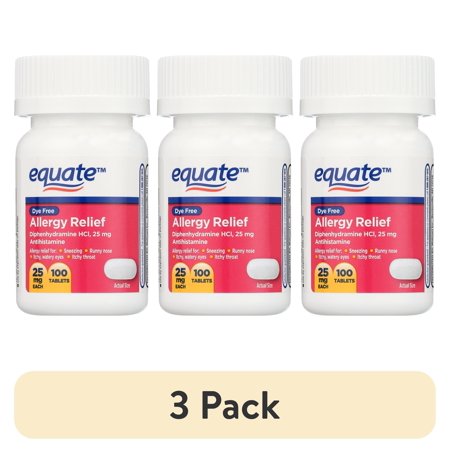 (3 pack) Equate Dye-Free Allergy Relief Medicine, 25 mg, 100 Count Tablets