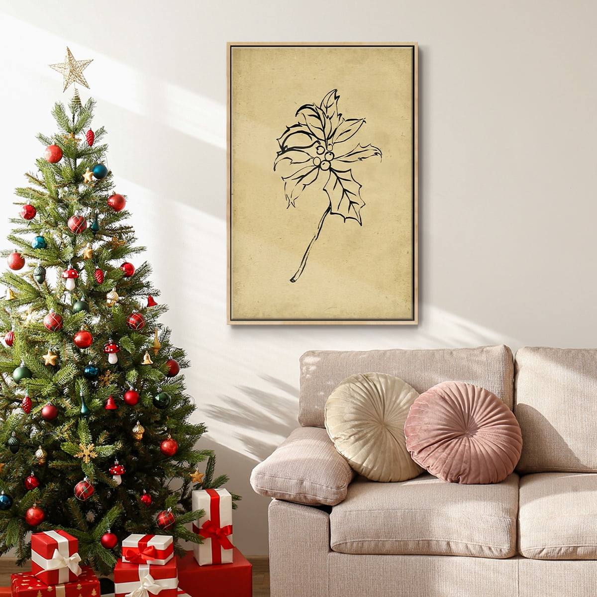 Holly Branch II - Framed Gallery Wrapped Holiday Canvas - 27 x 41 - Natural Wood Frame