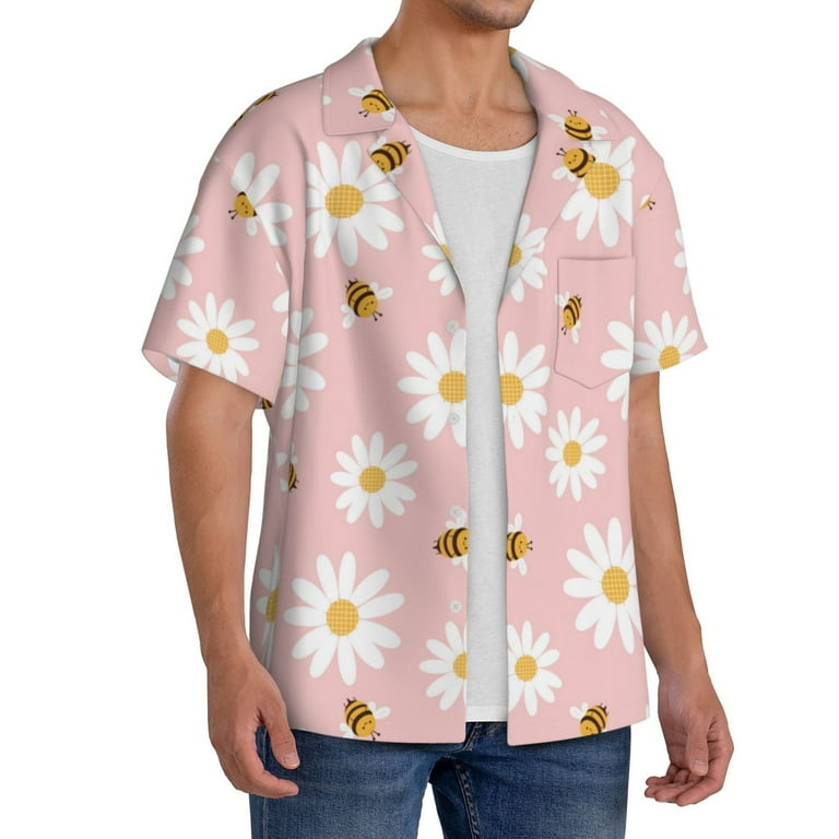 Qokaie Daisy And Bee Print Mens Casual Wrinkle Free Shirts Short
