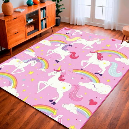 ODIKA 4'x6' Machine Washable Non-Slip Area Rug, Unicorn Fantasy Dreamland Floor Accent For Playspace High Traffic Rug, Pink, 154225