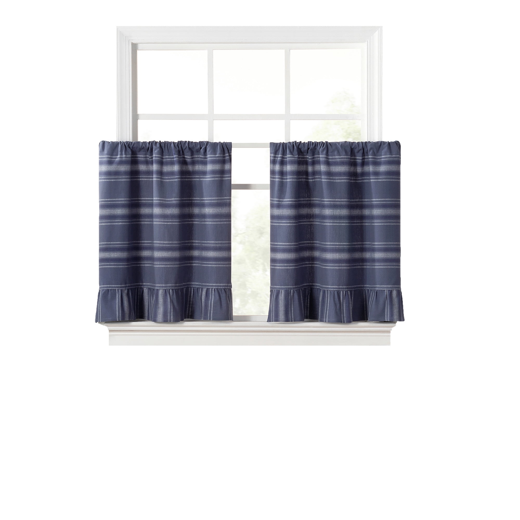 Martha Stewart Ruffle Stripe 36" Tier Set Poseidon Blue, Pole Top, Light Filtering, Indoor, Adult, 2 Piece Set, 30" x 36"