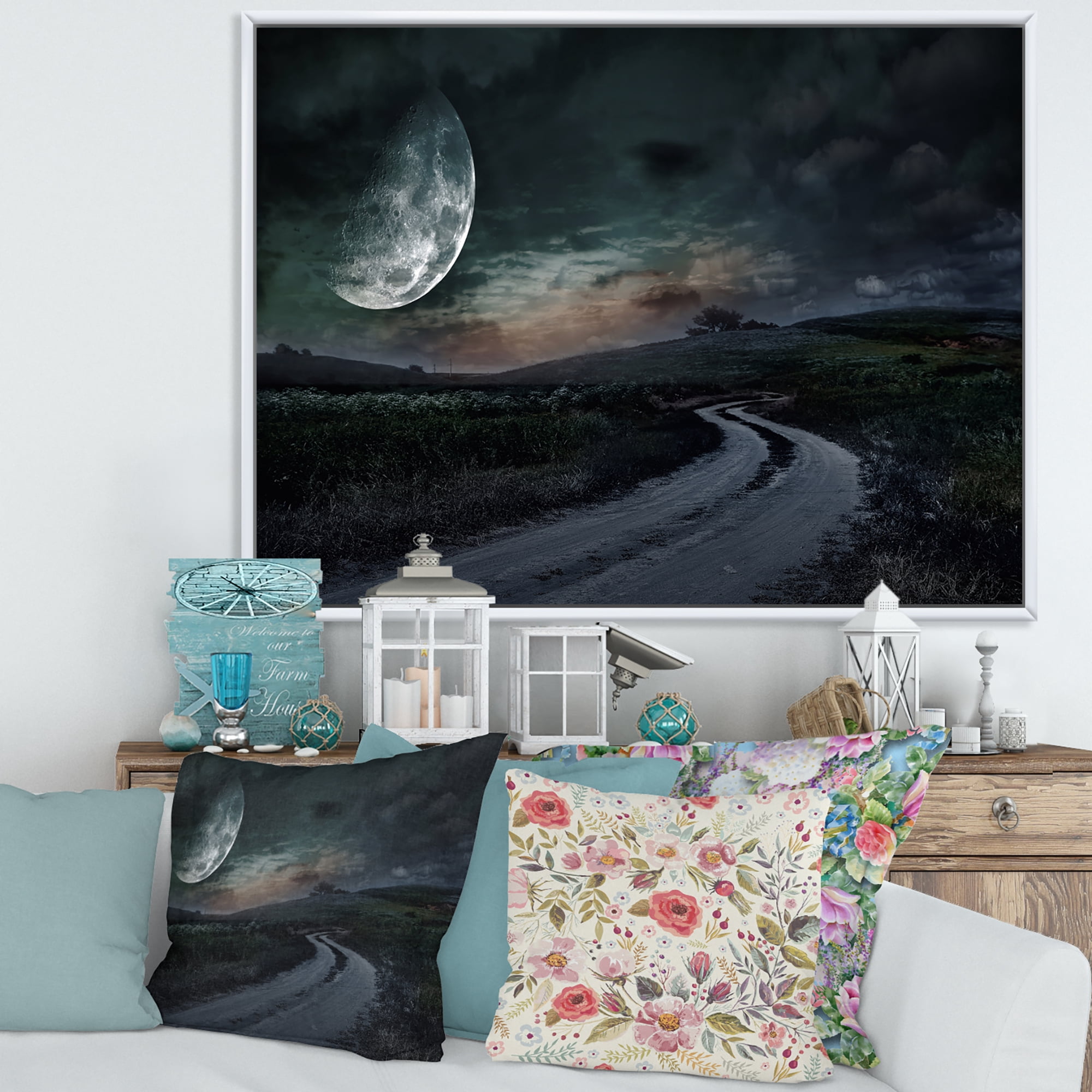 Designart 'The Meadow Under Full Moon With Rural Road Through ' Nautical & Coastal Framed Canvas Wall Art Print