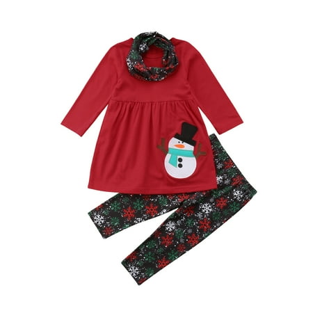 

3PCS Baby Girls Xmas Clothes Long Sleeve Snowman Printed Top + Snow Pants + Printed Headband